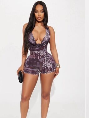 Fashion Nova Purple Floral Cowl Neck Romper